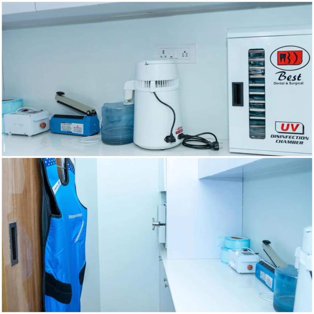 Sterilization area with UV disinfection cabinet, water distiller, pouch sealer, and protective apron